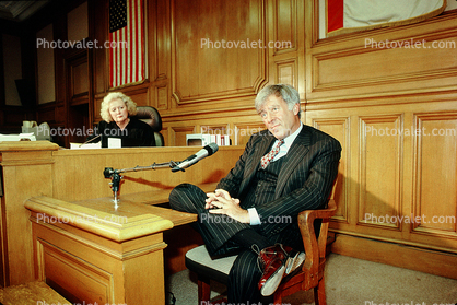 defendant, witness stand, male, businessman, man, microphone, person, Pinstripe Suit, tie, People, talking, speaking, smile, court session, trial, Woman Judge