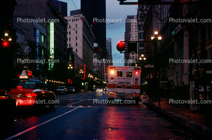 Ambulance, flashing lights, Market Street, San Francisco