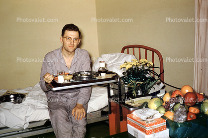 Hospital Patient Eating, Man, Male, Bed, Glasses, 1940s