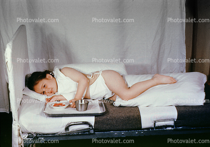 Patient in bed, food, eating, tray, 1949, 1940s