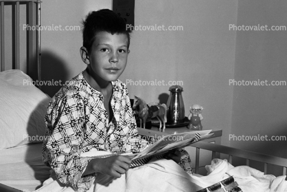 Boy, bed, pajama, Patient, resting, recuperating, 1940s