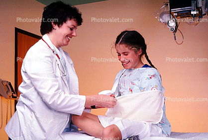 Doctor and Girl Patient, Broken Arm, Arm Sling, Pigtails, Smiles, Female, Woman