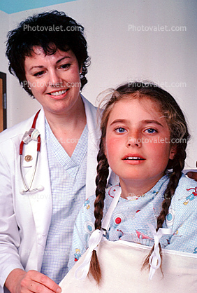 Doctor and girl patient, Broken Arm, Arm Sling, Pigtails, Female, Woman