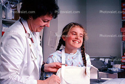 Doctor and girl patient, Broken Arm, Arm Sling, Pigtails, Female, Woman