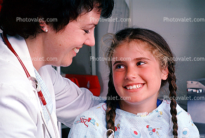 Doctor and girl patient, Smiles, Pigtails, Female, Woman