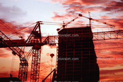 Tower Crane, Steel Frame, Office Building Construction, Highrise, Sunset