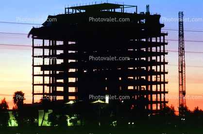 Steel Framework for a Highrise Building, Sunset, crane