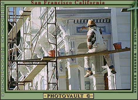Painter, Painting a Victorian, Scaffolding, Paint Bucket, sitting