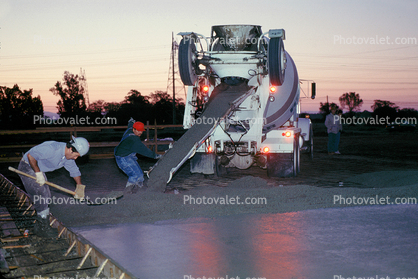 cement pour for a large warehouse floor, early morning, Man, Men, Worker, Twilight, Dusk, Dawn, shovel, chute