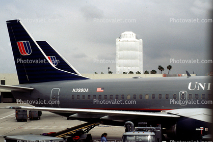 N399UA, LAX Control Tower shrouded in plastic