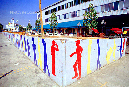 Graphic Art, men at work, fence, building, Oakland