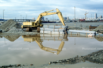 Caterpillar Crawler Excavator, water, reflection, Mission Bay Project