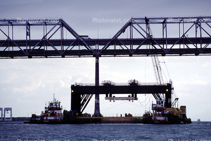 Crane, barge, construction of the new Eastern Span of the Bay Bridge, tugboat