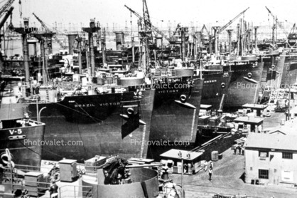 Liberty Ships being built, WW2, San Pedro California, 1944, 1940s