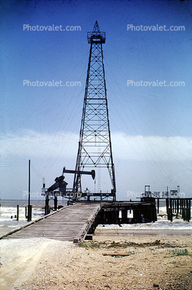 Oil Fields, Derrick, Extraction, Rig, Beach, Waves, Pier, Sand, Gulf Ocean, Platform, 1955, 1950s