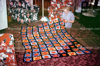 Quilt, Woman sewing patches, rug, carpet, 1940s
