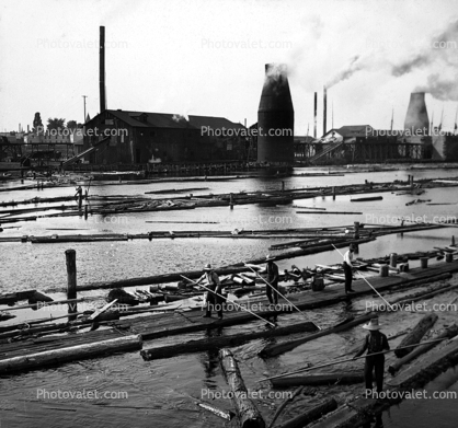 1890's, Log Rafts, smoke, dock, harbor, port, buildings, Coos Bay