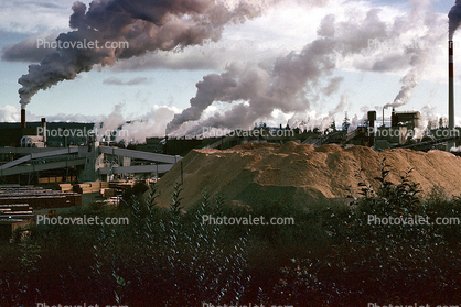 Sawdust Mounds, Smokey Lumber Mill, smoke, air pollution, soot, buildings
