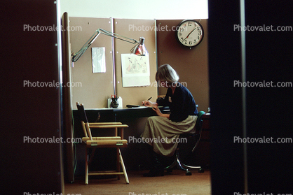 Woman, Office Cubicle, clock, desk