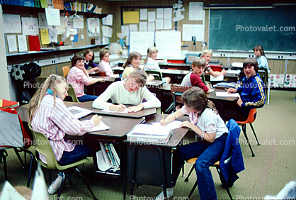 Schoolgirls, Schoolboys, desk, tables, chalkboard, desk, tables, classroom
