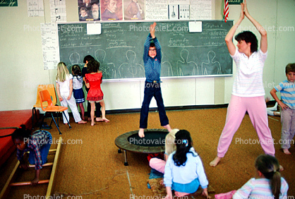 training, instruction, teachers, teaching, classroom, class room, exercising, trampoline, chalkboard