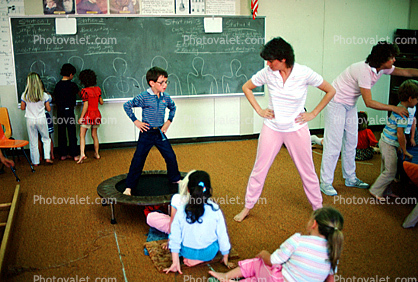 training, instruction, teachers, teaching, classroom, class room, exercising, trampoline, chalkboard