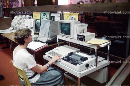 Girl, Student, High School, Library Study, Macintosh Computer, monitor, printer, Apple IIC, Floppy Drive