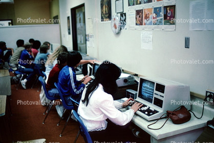Girl, Student, High School, Library Study, Computer, monitor, printer, Apple Computer, Floppy Drive