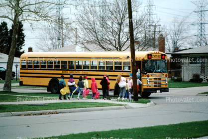 schoolchildren, students, School Bus Stop, Detroit, Michigan