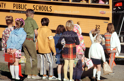 kids waiting in line, Lunch Box, pants, stockings, dress, socks, jacket, belt