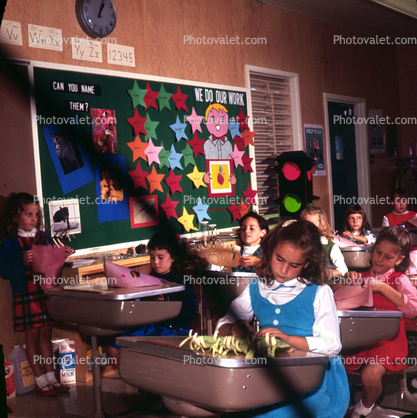 Desk, clock, girls, Classroom, 1960s