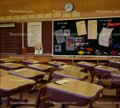 Desk, clock, Classroom, 1960s