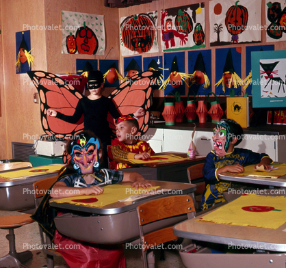 Kids in a Classroom with costumes, Classroom, desk, 1960s
