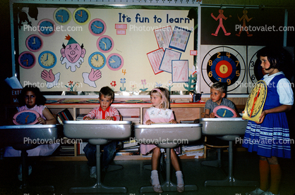 Clock, Girls, Boys, desk, books, Classroom, 1960s