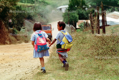 Boy, Girl, Walking, backpack, schoolgirl, schoolboy