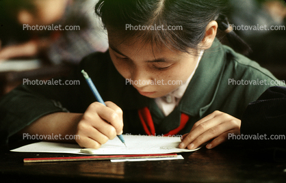 Girl Writing in Classroom, Classroom, Schoolroom, China, 1973, 1970s
