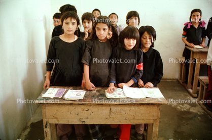 Old Wooden Desk in Classroom, Girls, Schoolroom, Group, Classroom, Desk, Afghanistan, 1974, 1970s