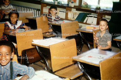 Multi-Ethnic, Boys, Girls, Desk, Chair, Female, Male, Diversity, Bookshelf, smiles, smiling, 1950s