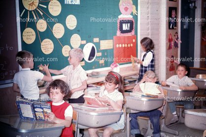 The Sun, sunshine, Girls, Boys, desk, books, Classroom, 1960s
