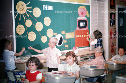 The Sun, sunshine, Girls, Boys, desk, books, Classroom, 1960s