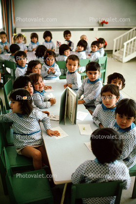 Girls, Boys, Uniform, dress, Preschool, 1974, 1970s, pants