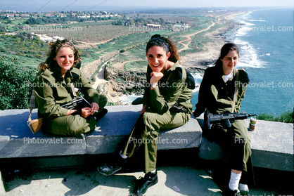 Looking south, Israeli Coast, IDF, Israeli Defense Force, Women, smiles, Rosh Ha'Nikra, coastline, Mediterranean Sea, soldiers
