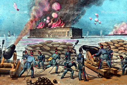 Attack on Fort Sumter, Cannons, Weapons, Sandbags, Smoke Rings, 1861