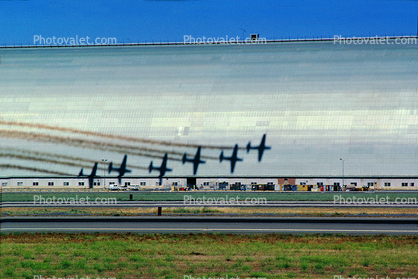 Flying shadow, Moffett Field, Hangars, EMB-312 Tucano, Smoke Trails