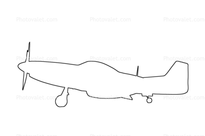 P-51D Mustang outline, line drawing, shape, tailwheel
