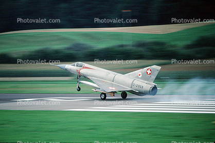 Dassault Mirage, flight, flying, airborne, landing, smoke, Swiss Air Force