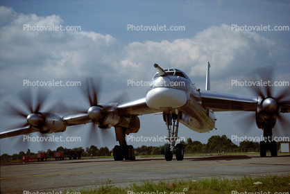 Tupolev Tu-95 preparing for take-off, spinning propellers, radome