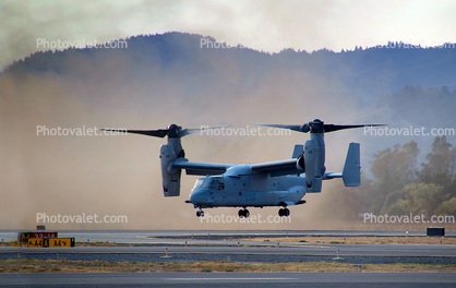MV-22 Osprey in flight, landing dust, milestone of flight