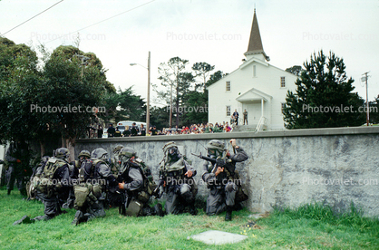 Soldiers with Rifles, Church building, Gas mask, Chemical Warfare, urban warfare training, Operation Kernel Blitz, Monterey