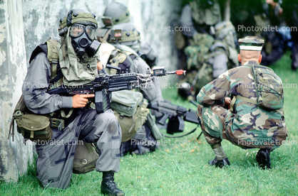 camouflage, gas mask, chemical warfare, biological, Operation Kernel Blitz, M16 Rifle, Monterey, urban warfare training